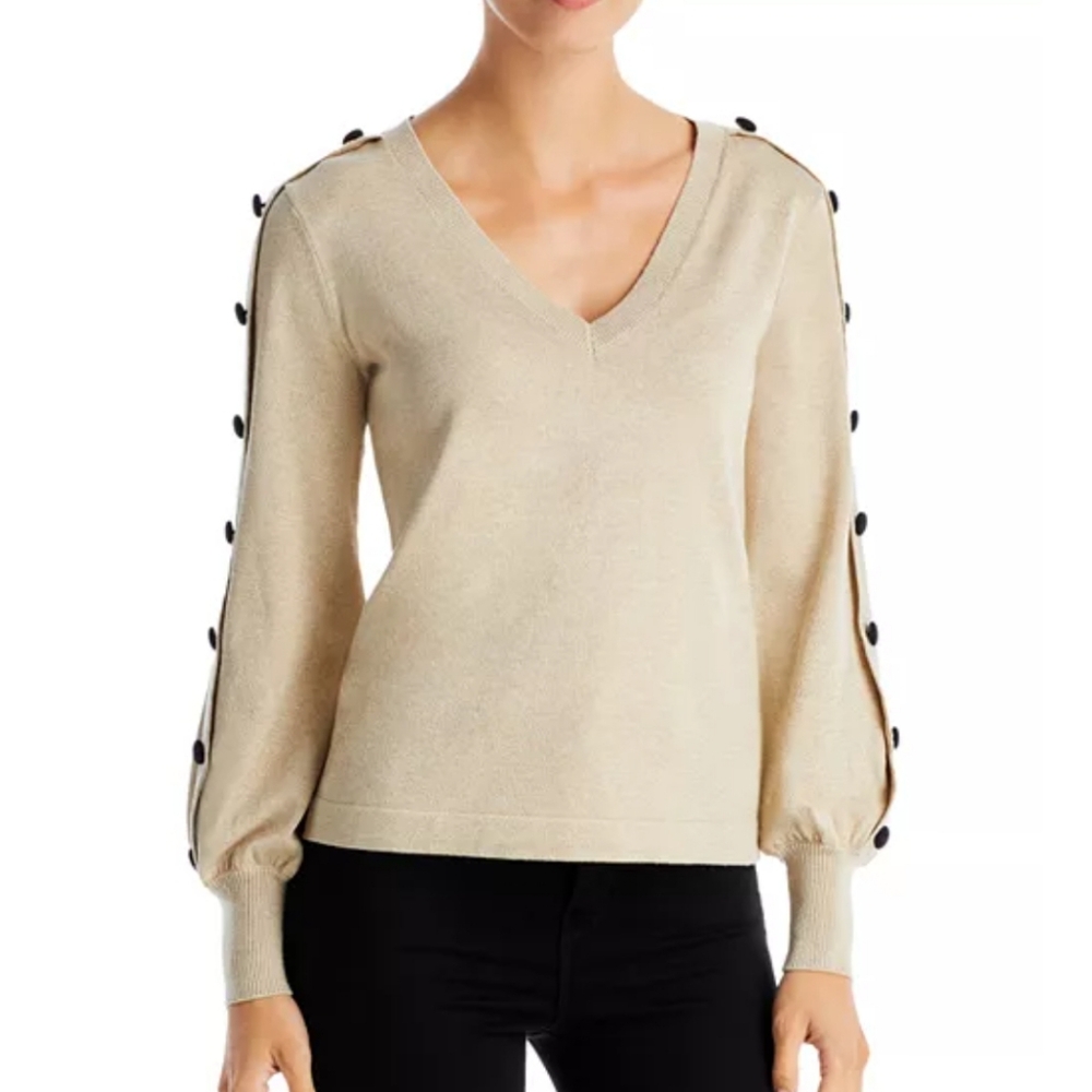 Karl Lagerfeld Paris Button Sleeve Creme GOLDMetallic Knit V Necj Sweater Sz L
